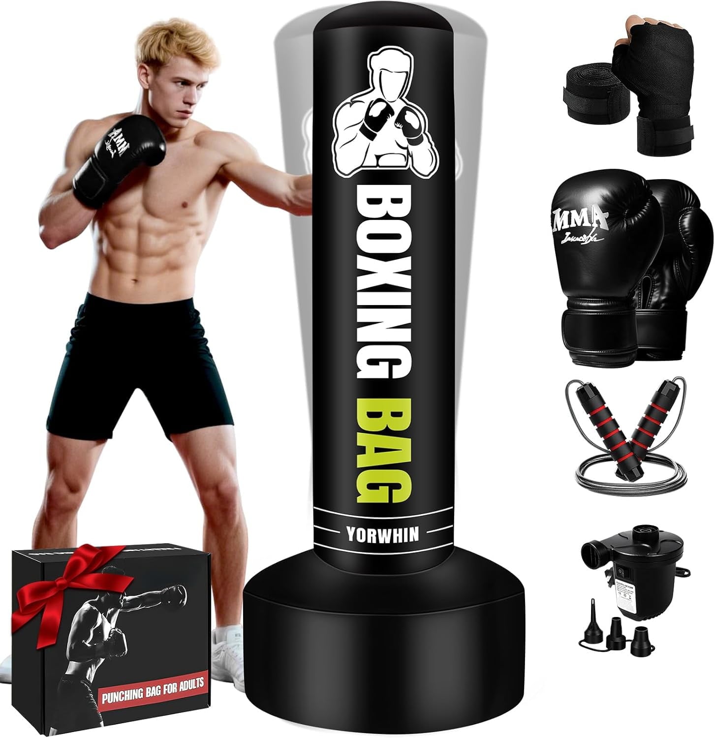 70'' Freestanding Punching Bag for Adults Teens, Heavy Boxing Bag with Stand with Gloves, Pump and Jump Rope, Women Men Standing Kickboxing Bag Ideal, Muay Thai, Karate, Home Gym Fitness
