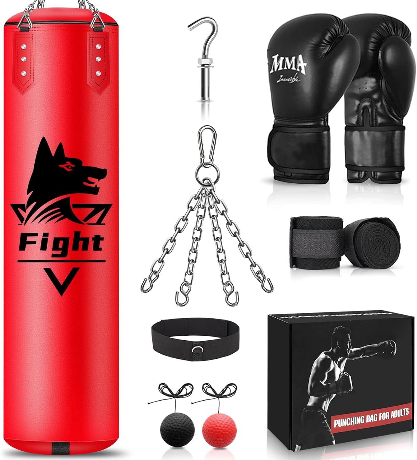 Hanging Punching Bag for Adults, 4FT PU Heavy Bag Boxing Training Equipment with 12OZ Gloves, Reflex Ball, Wristband, Kicking Bag Boxing Set for Training Karate Kickboxing Home Gym(Unfilled)