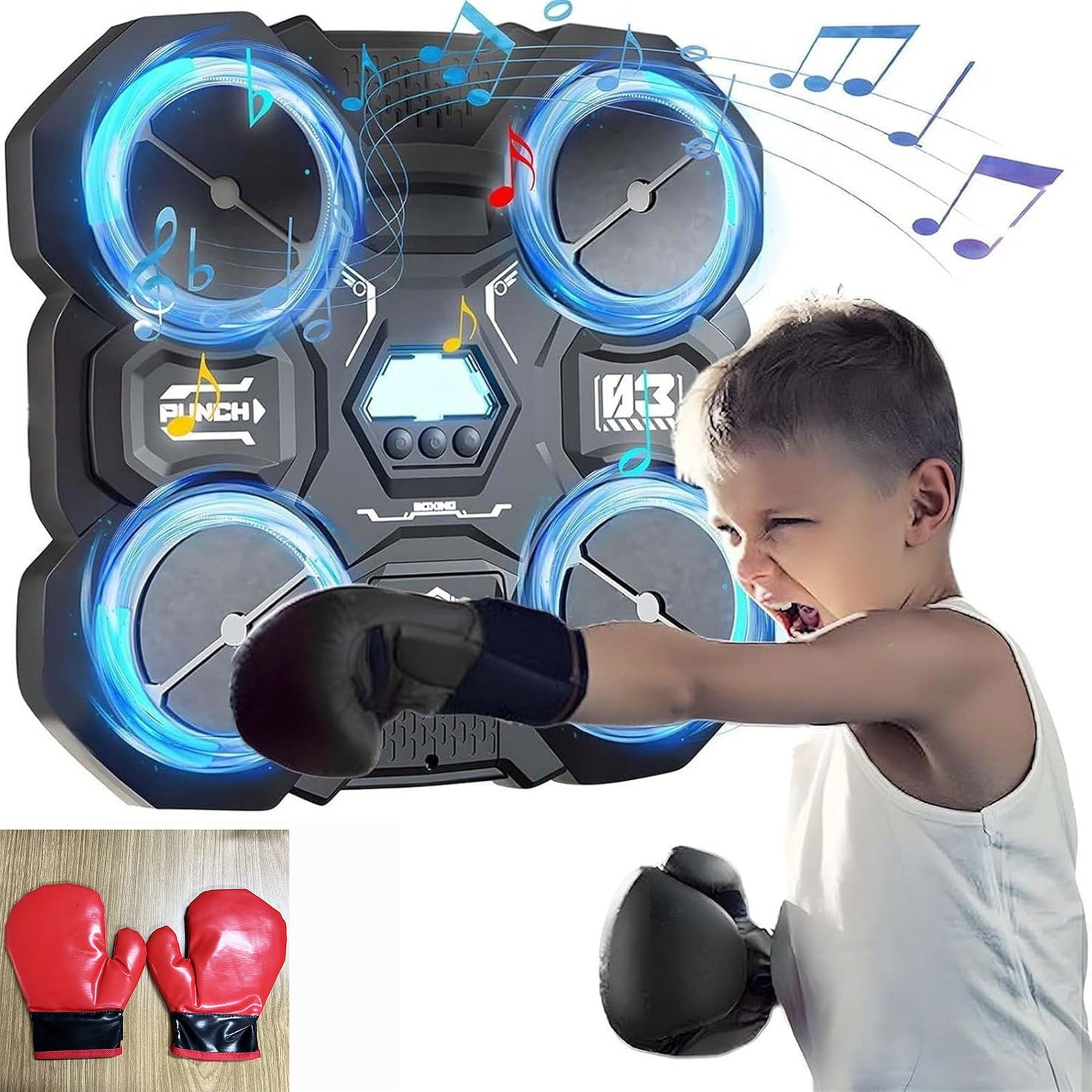Kids Music Boxing Game - Wall Mounted Punching Bag with Bluetooth Sync, LED Lights & Adjustable Speed - ABS Material for Ages 3-12, Includes Gloves (29x27x4.5cm)