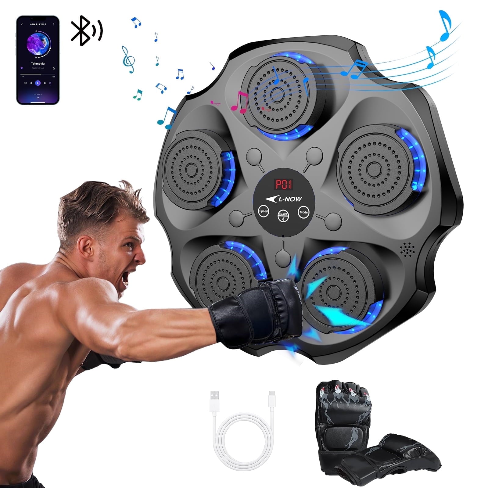 LNOW Music Boxing Machine with Boxing Gloves, Wall Mounted Smart Bluetooth Music Boxing Trainer, Electronic Boxing Target Workout Punching Equipment for Home, Indoor and Gym