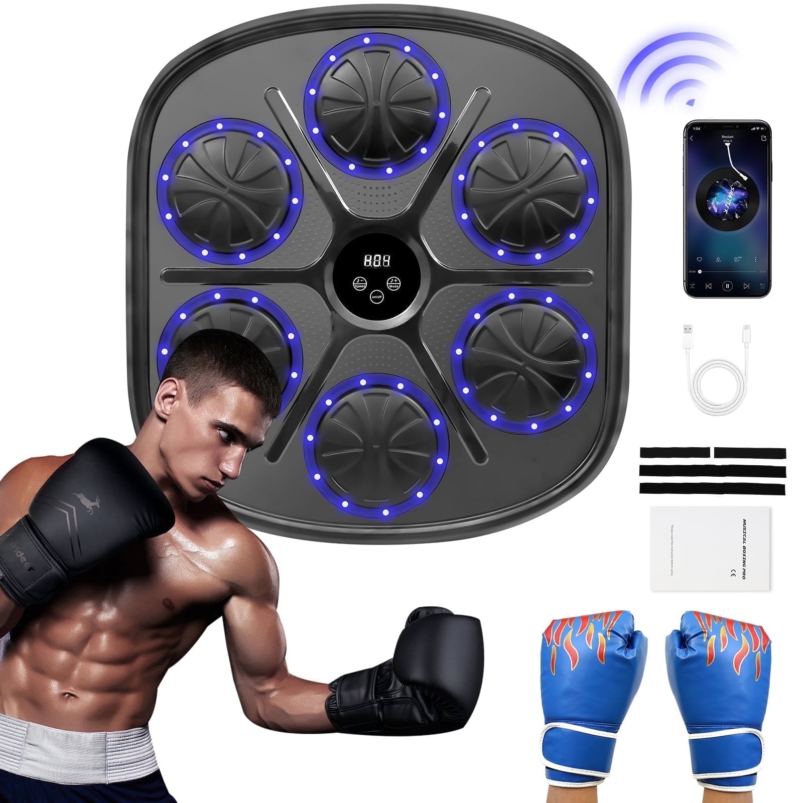 Music Boxing Machine with Blue Boxing Gloves, Intelligent Boxing Machine, Wall-Mounted Music Boxing Machine for Adults and Kids, Punching Pad Equipment for Home, Indoor, and Gym