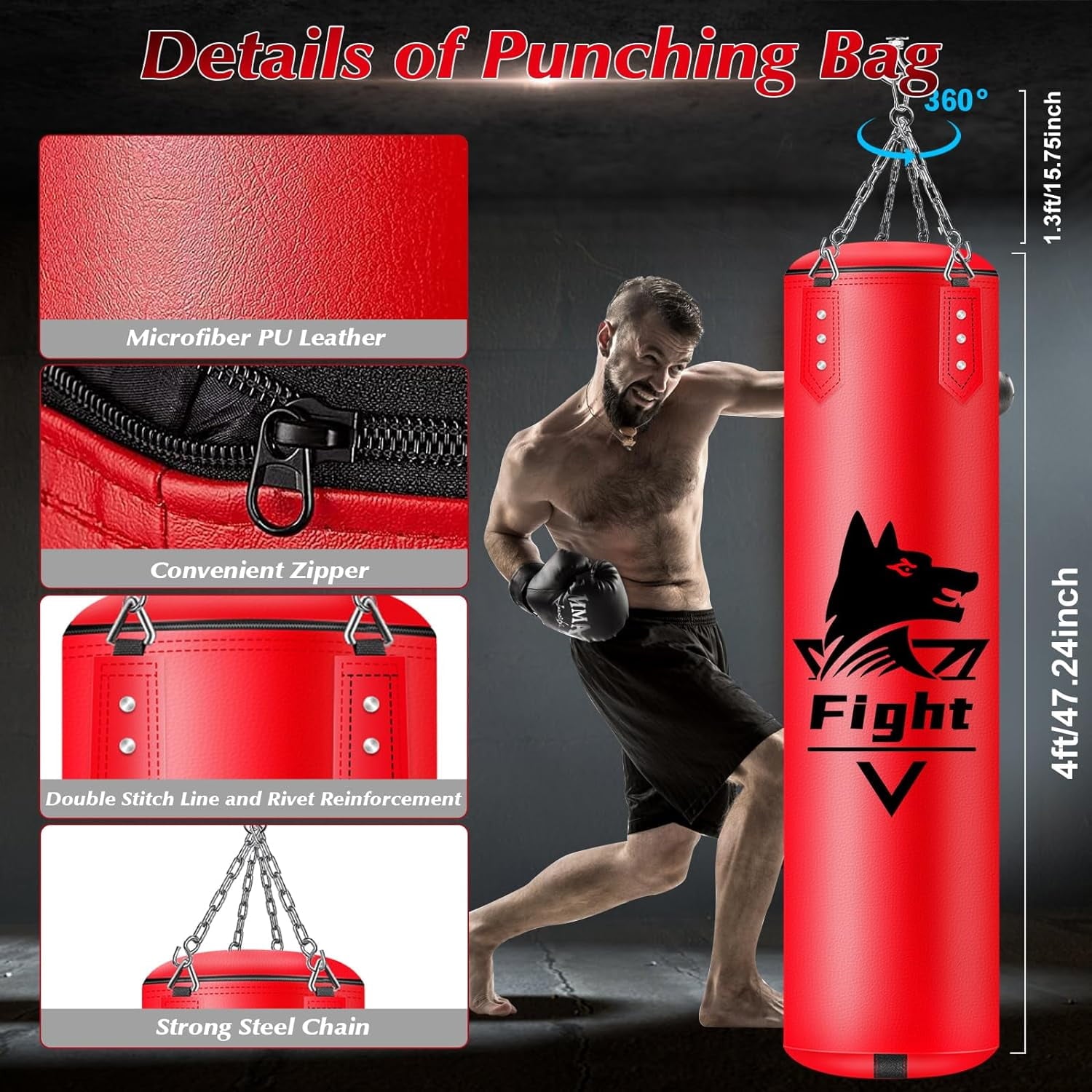 Hanging Punching Bag for Adults, 4FT PU Heavy Bag Boxing Training Equipment with 12OZ Gloves, Reflex Ball, Wristband, Kicking Bag Boxing Set for Training Karate Kickboxing Home Gym(Unfilled)