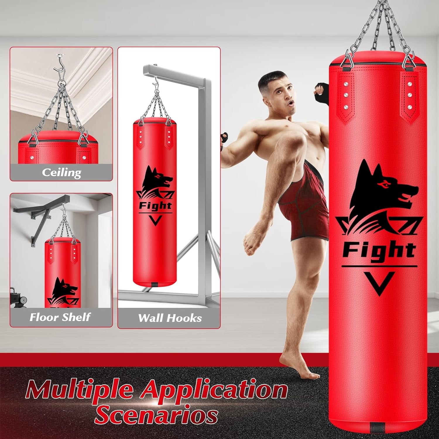 Hanging Punching Bag for Adults, 4FT PU Heavy Bag Boxing Training Equipment with 12OZ Gloves, Reflex Ball, Wristband, Kicking Bag Boxing Set for Training Karate Kickboxing Home Gym(Unfilled)